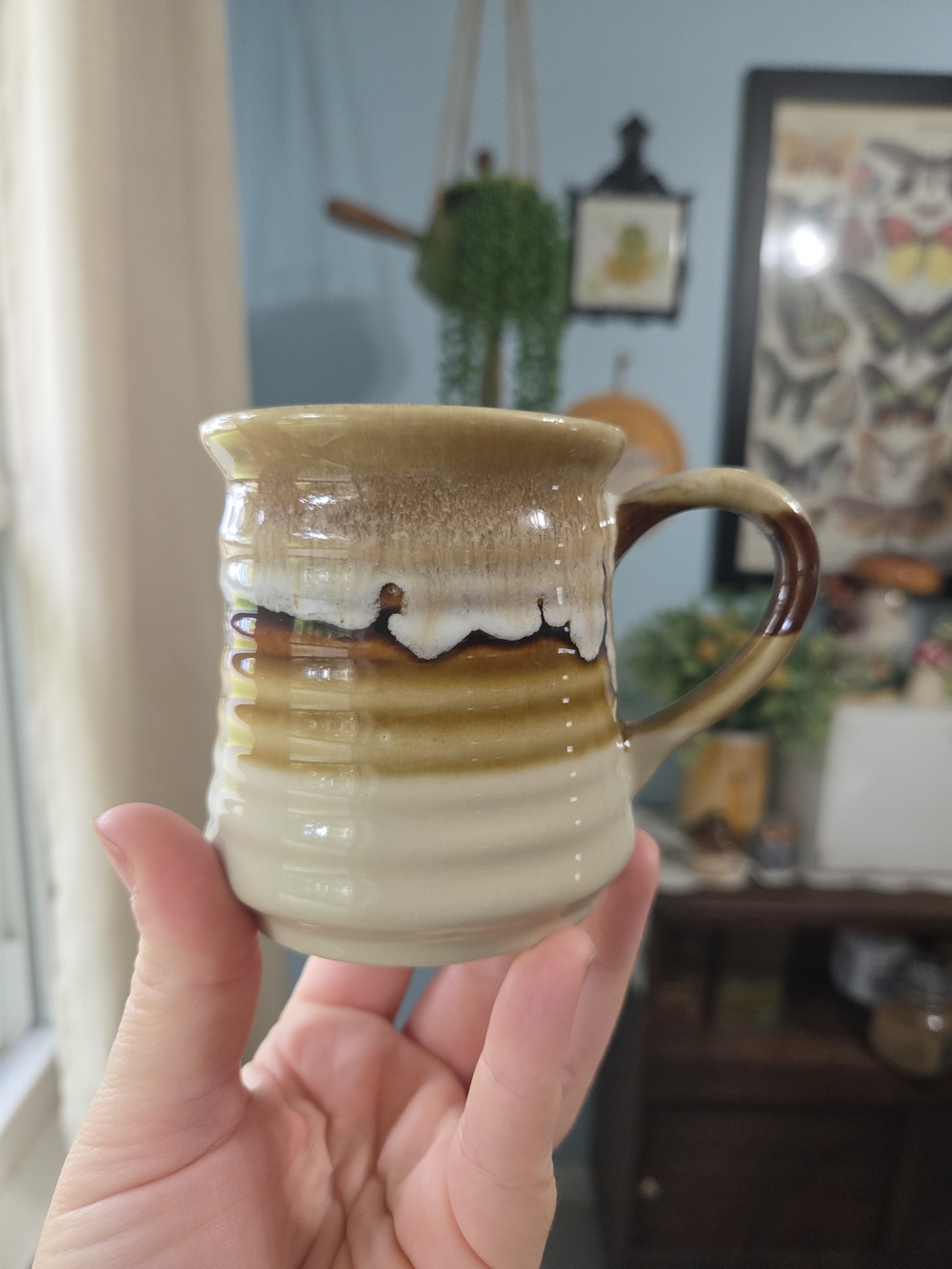 Vintage Studio Pottery Drip Glaze Mug Warm Earth Tone Ribbed Ceramic Cup